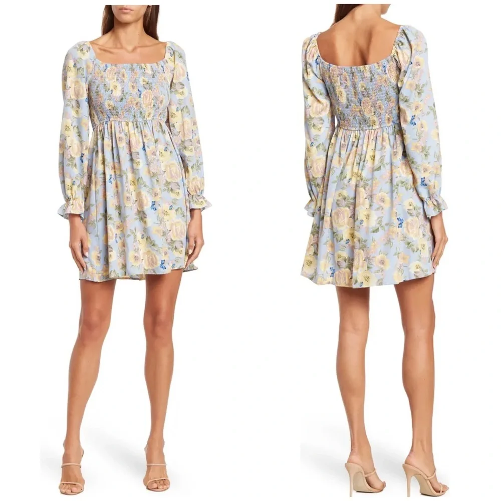 NWT HL Affair Floral Mini Dress Small blue yellow smocked long sleeve - Picture 1 of 12